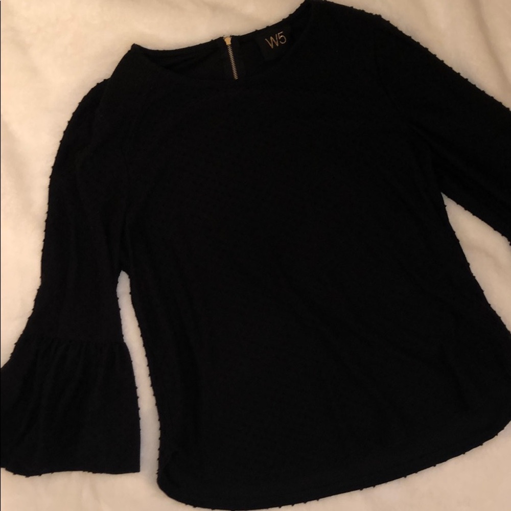 Quarter length bell sleeve black blouse